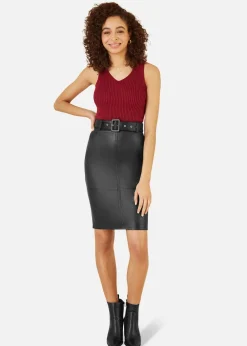 Yumi Black Faux Leather Midi Pencil Skirt With Matching Belt
