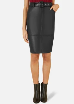 Yumi Black Faux Leather Midi Pencil Skirt With Matching Belt