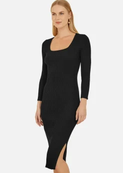 Yumi Black Fitted Knit Midi Dress With Side Split