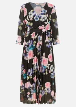 Yumi Black Floral Pleated Wrap Midi Dress