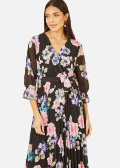 Yumi Black Floral Pleated Wrap Midi Dress