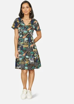 Yumi Black Jungle Print Skater Dress