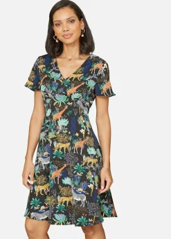 Yumi Black Jungle Print Skater Dress