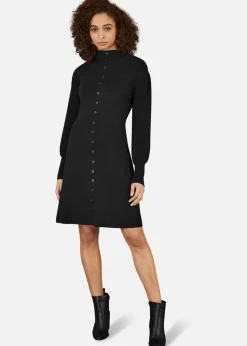 Yumi Black Knitted Button Up Midi Dress With Balloon Sleeves