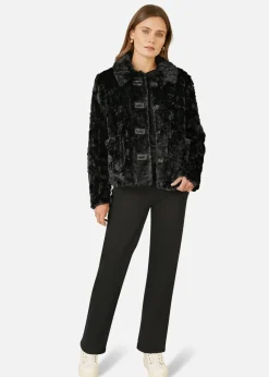 Yumi Black Luxe Textured Faux Fur Jacket With Pockets