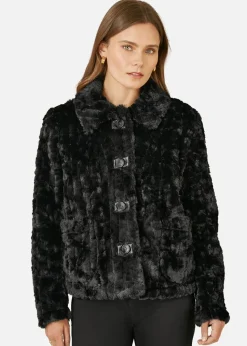 Yumi Black Luxe Textured Faux Fur Jacket With Pockets
