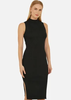 Yumi Black Metallic Fitted High Neck Midi Dress