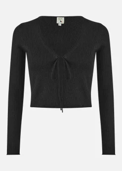 Yumi Black Metallic Knitted Ribbed Tie Front Bolero