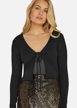Yumi Black Metallic Knitted Ribbed Tie Front Bolero