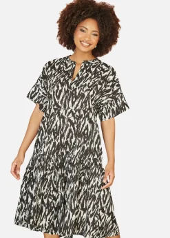 Yumi Black Organic Cotton Animal Print Tiered Tunic Dress