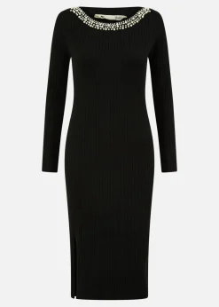 Yumi Black Pearl Neckline Fitted Midi Knitted Dress