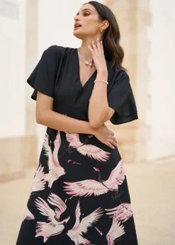 Yumi Black Recycled Fabric Crane Print Kimono Midi Dress