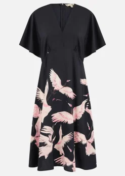 Yumi Black Recycled Fabric Crane Print Kimono Midi Dress