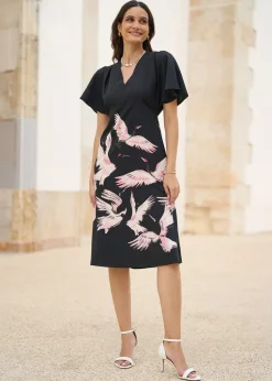 Yumi Black Recycled Fabric Crane Print Kimono Midi Dress