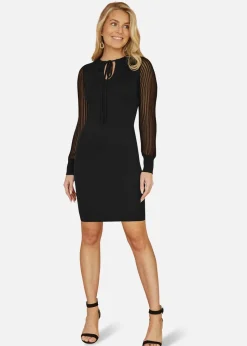 Yumi Black Rib Knit Fitted Dress With Sheer Sleeve Design