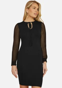 Yumi Black Rib Knit Fitted Dress With Sheer Sleeve Design