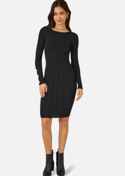 Yumi Black Shimmer Fitted Midi Dress With Button