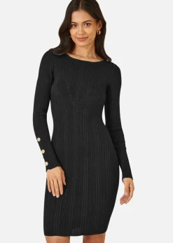 Yumi Black Shimmer Fitted Midi Dress With Button