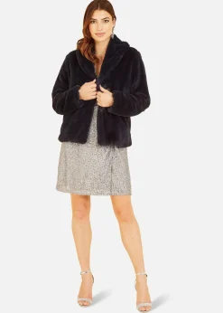 Yumi Black Short Wrap Faux Fur Coat
