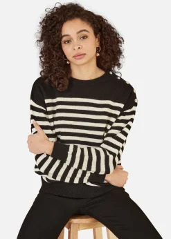 Yumi Black Stripe Knitted Relaxed Jumper With Button Details