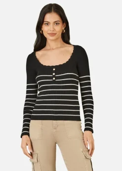 Yumi Black Stripe Rib Knitted Long Sleeve Top With Button Details