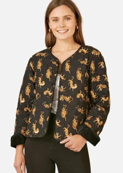 Yumi Black Velvet Quilted Jacket With Reversible Leopard Lining