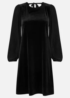 Yumi Black Velvet Tunic Dress with Pleated Balloon Sleeves And Tie Back