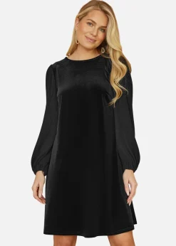 Yumi Black Velvet Tunic Dress with Pleated Balloon Sleeves And Tie Back