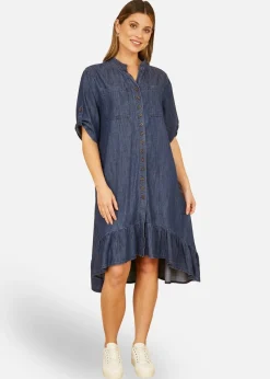 Yumi Blue Chambray Denim Dip Hem Relaxed Fit Shirt Dress