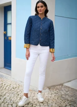 Yumi Blue Chambray Quilted Jacket With Reversible Floral Lining