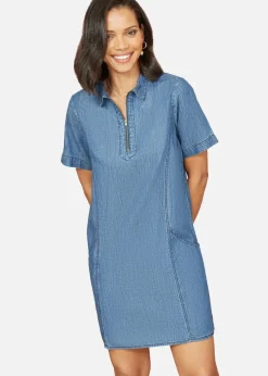 Yumi Blue Cotton Chambray Tunic With Zip Neckline