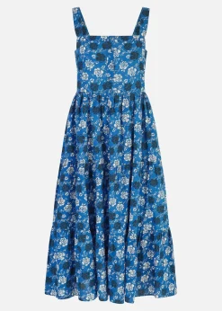 Yumi Blue Cotton Voile Floral Strappy Midi Sun Dress