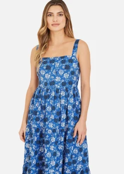 Yumi Blue Cotton Voile Floral Strappy Midi Sun Dress