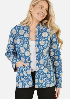 Yumi Blue Floral Print Reversible Cotton Quilted Jacket