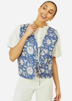 Yumi Blue Floral Reversible Cotton Quilted Waistcoat