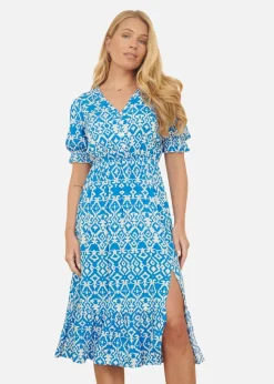 Yumi Blue Geo Print Puff Sleeve Midi Split Hemline