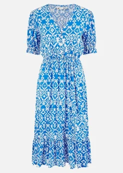 Yumi Blue Geo Print Puff Sleeve Midi Split Hemline