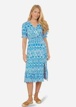 Yumi Blue Geo Print Puff Sleeve Midi Split Hemline