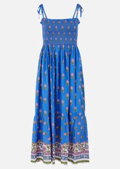 Yumi Blue Strappy Paisley Print Midi Dress With Ruched Bodice