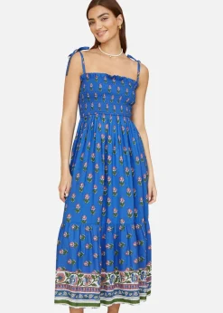 Yumi Blue Strappy Paisley Print Midi Dress With Ruched Bodice
