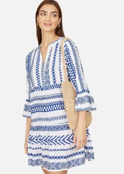 Yumi Blue Tencel Geo Stripe Print Beach Tunic