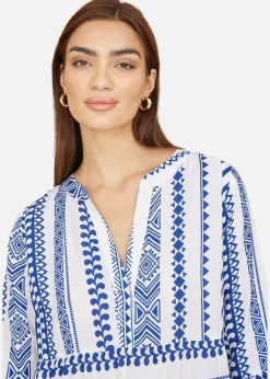 Yumi Blue Tencel Geo Stripe Print Beach Tunic