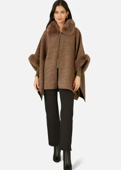 Yumi Brown Cape With Luxe Fur Trim And Lining