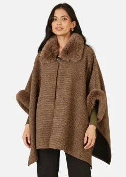 Yumi Brown Cape With Luxe Fur Trim And Lining