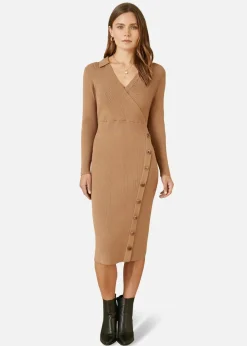 Yumi Brown Knitted Midi Dress With Asymmetric Button Details