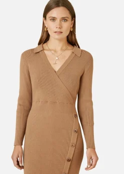 Yumi Brown Knitted Midi Dress With Asymmetric Button Details