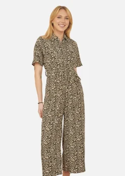 Yumi Brown Leopard Print Pleated Fabric Jumpsuit