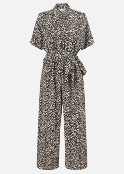 Yumi Brown Leopard Print Pleated Fabric Jumpsuit