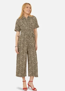 Yumi Brown Leopard Print Pleated Fabric Jumpsuit