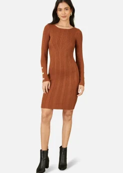 Yumi Brown Shimmer Fitted Midi Dress With Button